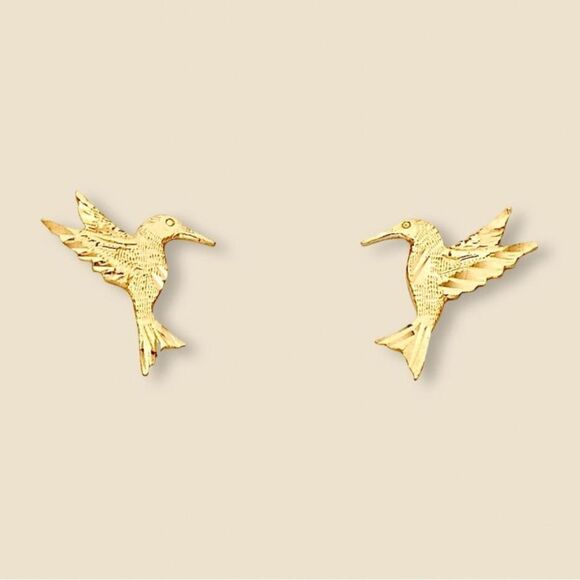 14k Yellow solid Gold Hummingbird Stud Earrings (11 X 12mm) | Gift | Real Gold | - Picture 1 of 10